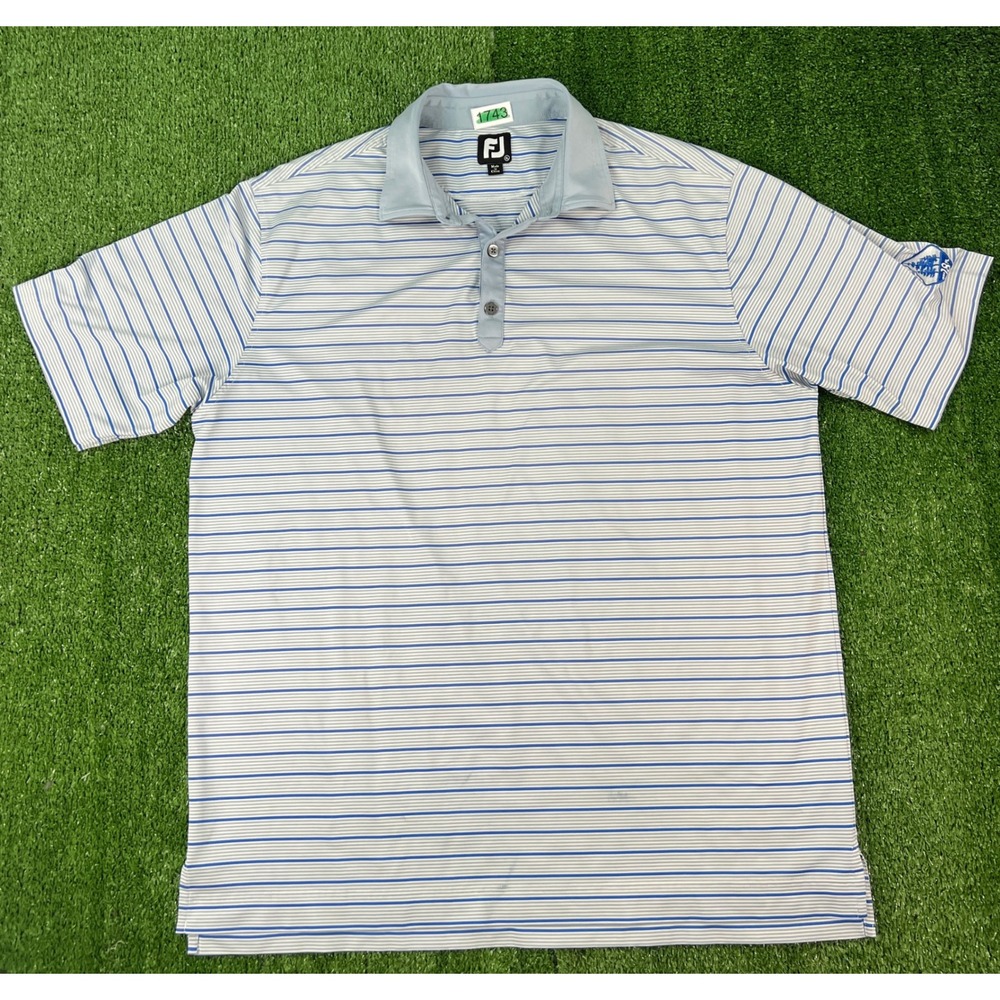 FootJoy Mens XL Blue White Striped Short Sleeve Golf Polo Shirt WP 18 FL Logo